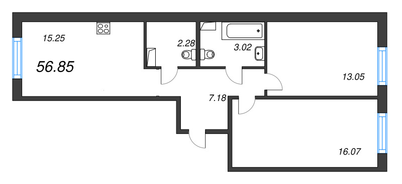 3-комнатная (Евро) квартира, 56.85 м² в ЖК "Окла" - планировка, фото №1