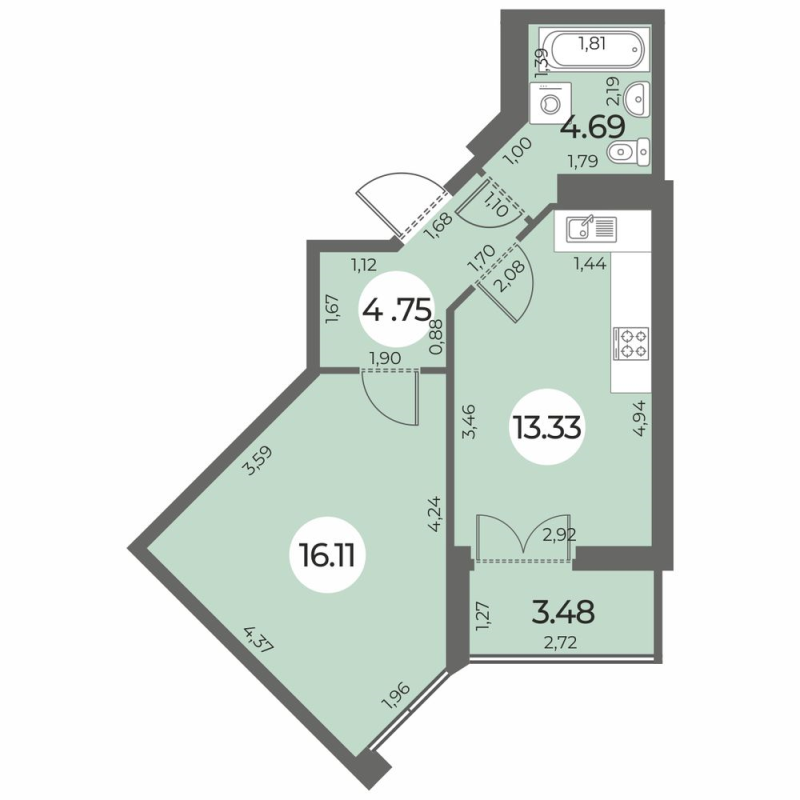 1-комнатная квартира, 40.62 м² в ЖК "Огни Залива" - планировка, фото №1