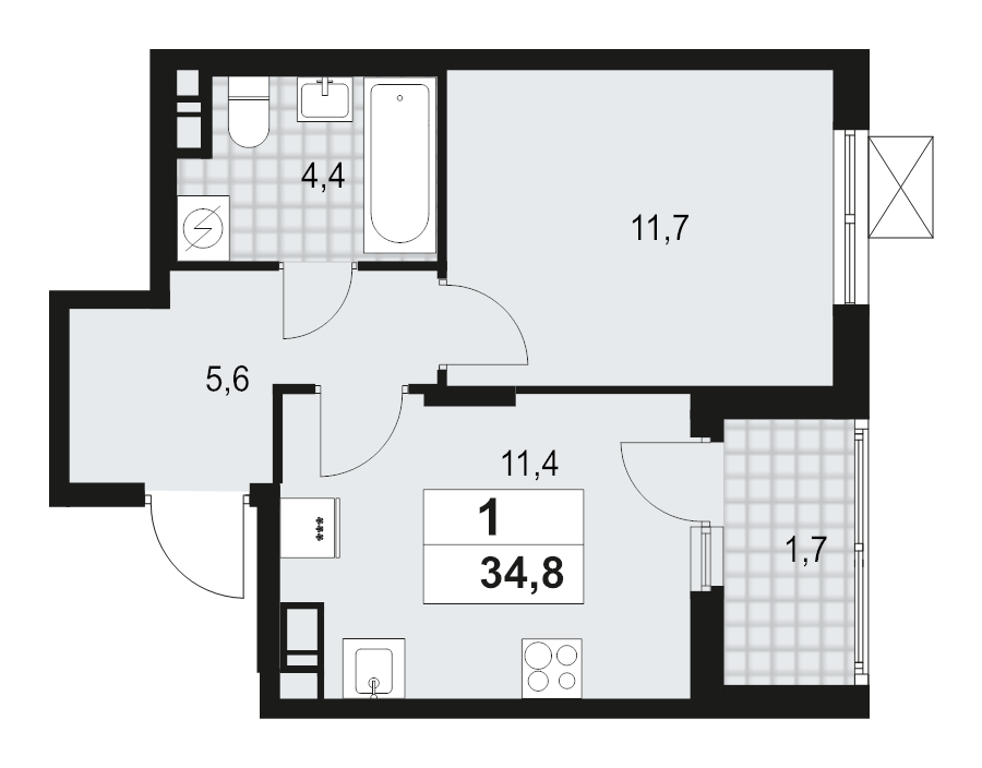 1-комнатная квартира, 34.8 м² - планировка, фото №1