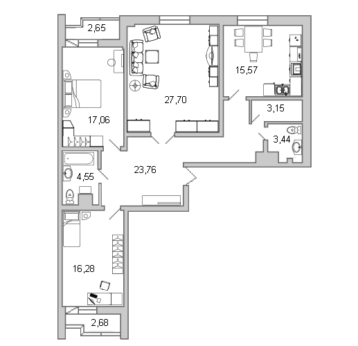 3-комнатная квартира, 113.7 м² - планировка, фото №1
