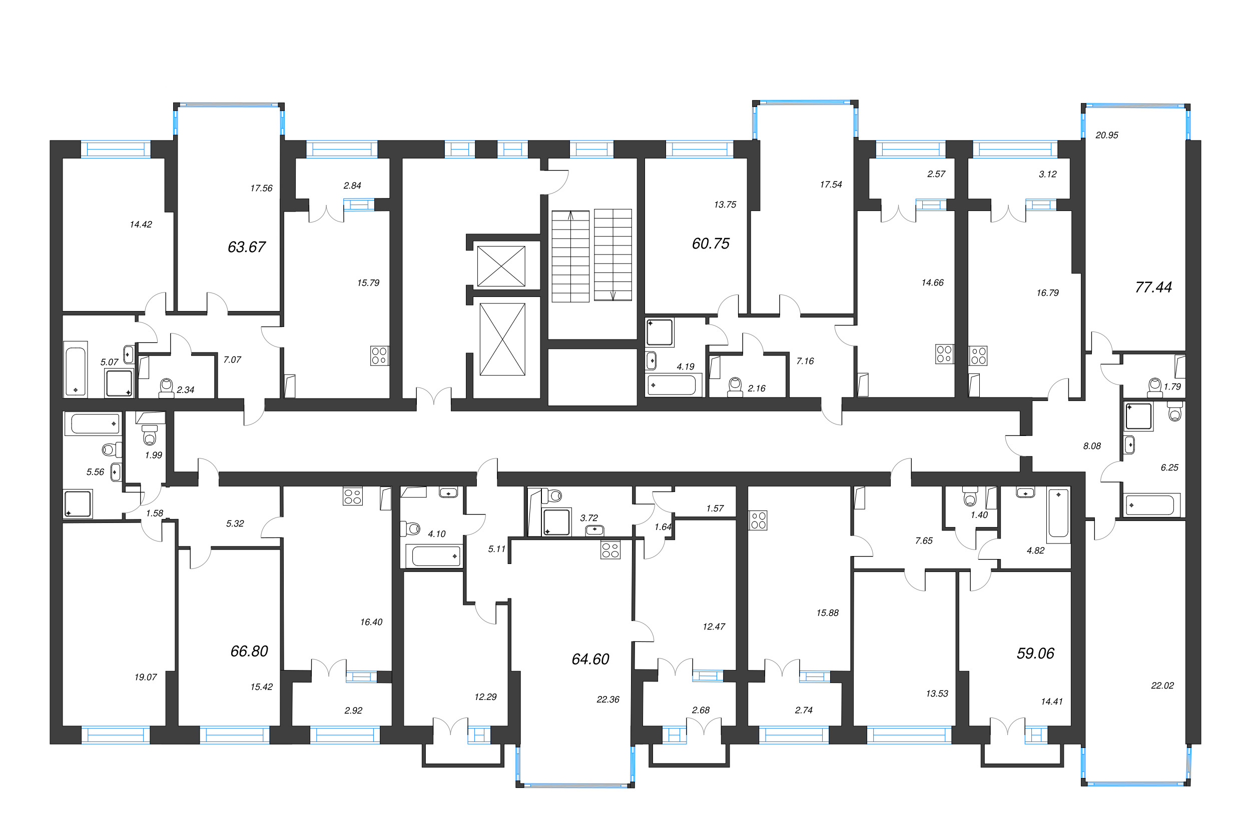 2-комнатная квартира, 60.75 м² - планировка этажа