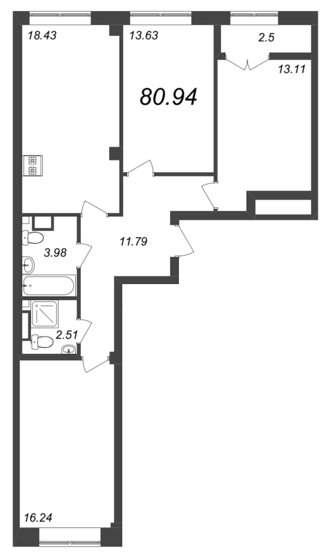 4-комнатная (Евро) квартира, 80.94 м² в ЖК "Neva Residence" - планировка, фото №1