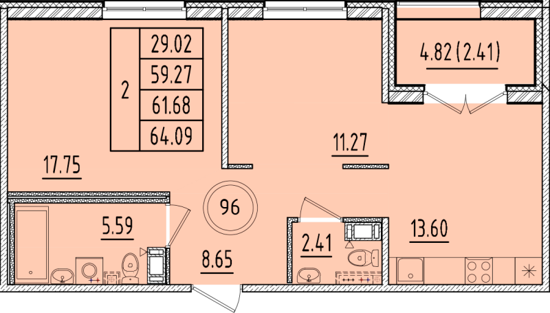 2-комнатная квартира, 59.27 м² в ЖК "Образцовый квартал 17" - планировка, фото №1