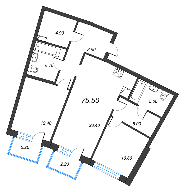 3-комнатная (Евро) квартира, 75.5 м² в ЖК "Цвет Зеленогорска" - планировка, фото №1