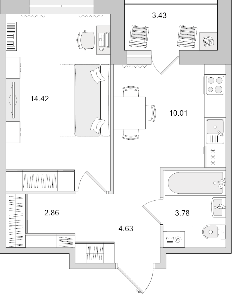 1-комнатная квартира, 39.13 м² в ЖК "Dreamline" - планировка, фото №1