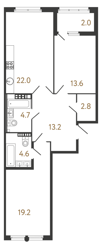 3-комнатная (Евро) квартира, 80.1 м² - планировка, фото №1