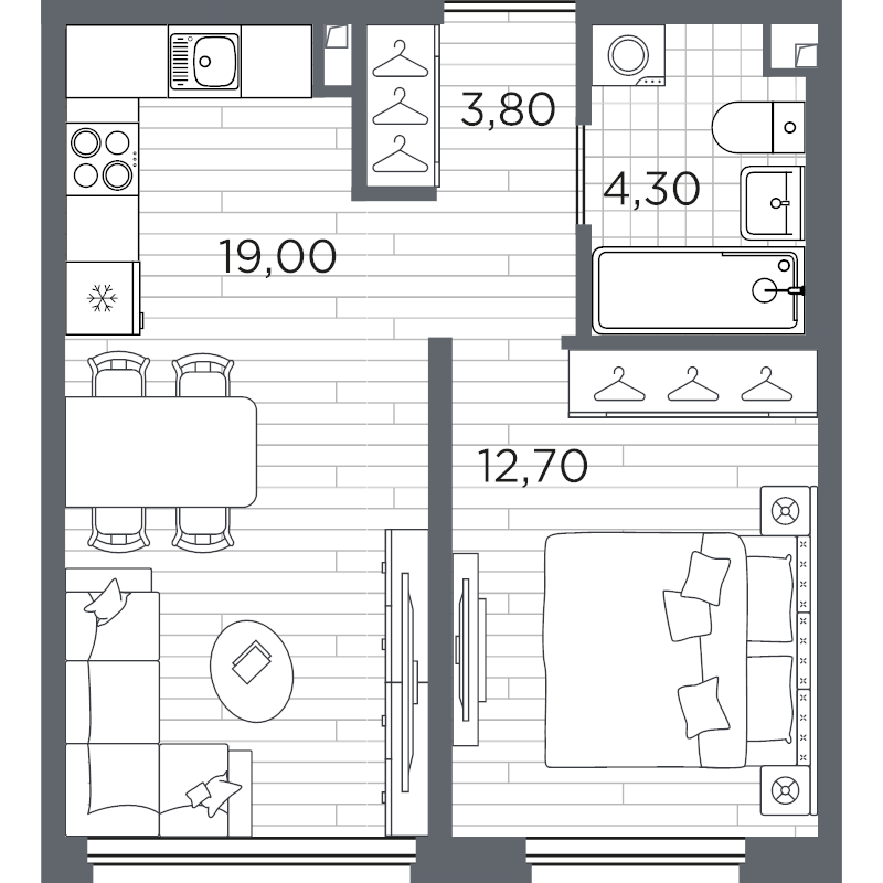 1-комнатная квартира, 39.8 м² в ЖК "PLUS Пулковский" - планировка, фото №1