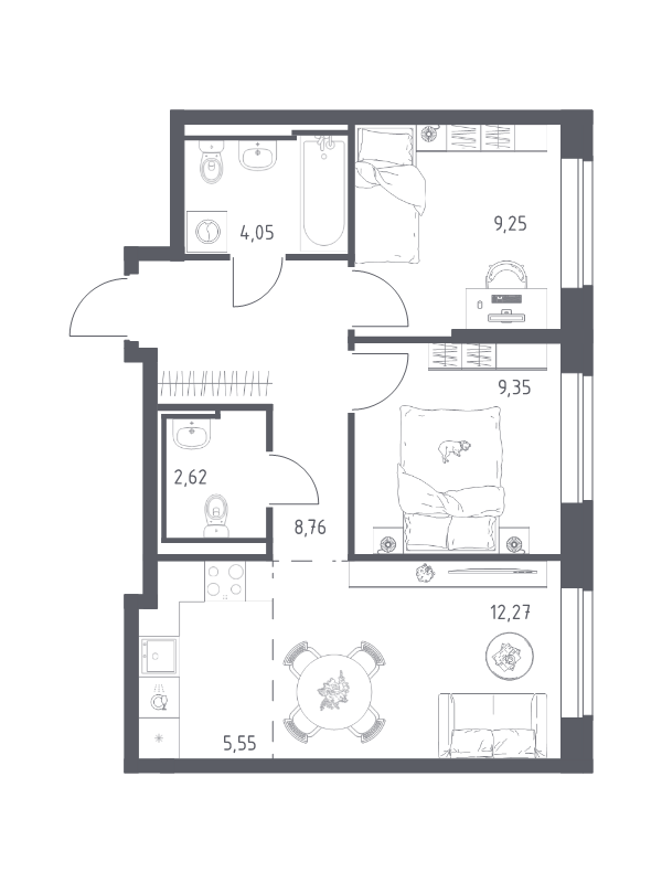 3-комнатная (Евро) квартира, 51.85 м² в ЖК "Живи! В Рыбацком" - планировка, фото №1