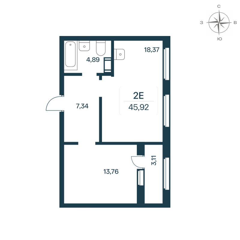 2-комнатная (Евро) квартира, 44.6 м² - планировка, фото №1