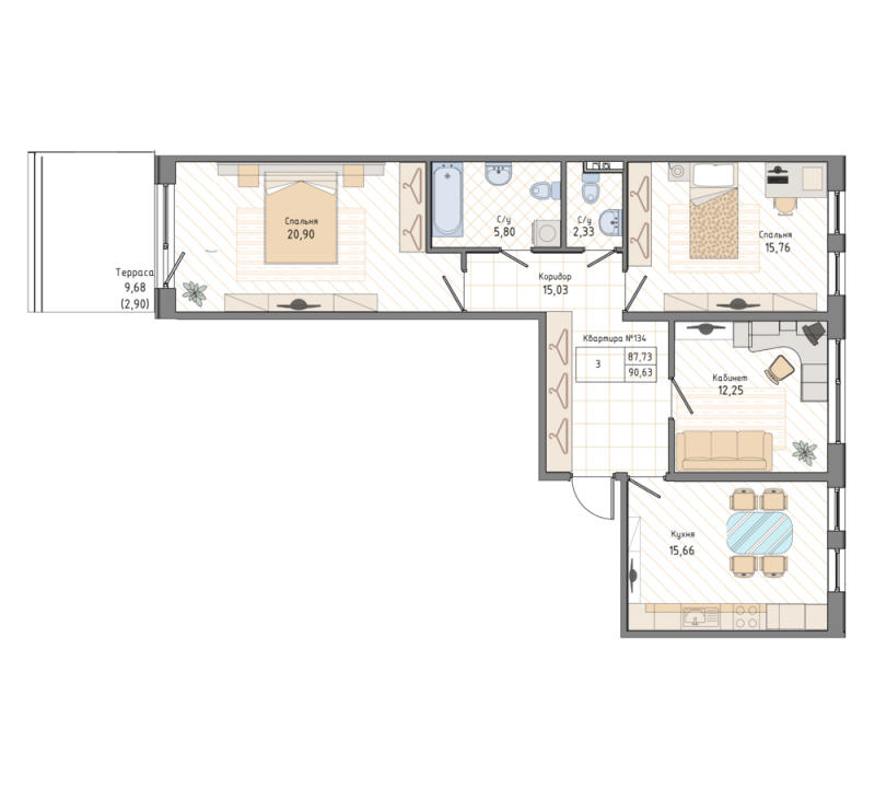 3-комнатная квартира, 90.63 м² в ЖК "Мануфактура James Beck" - планировка, фото №1