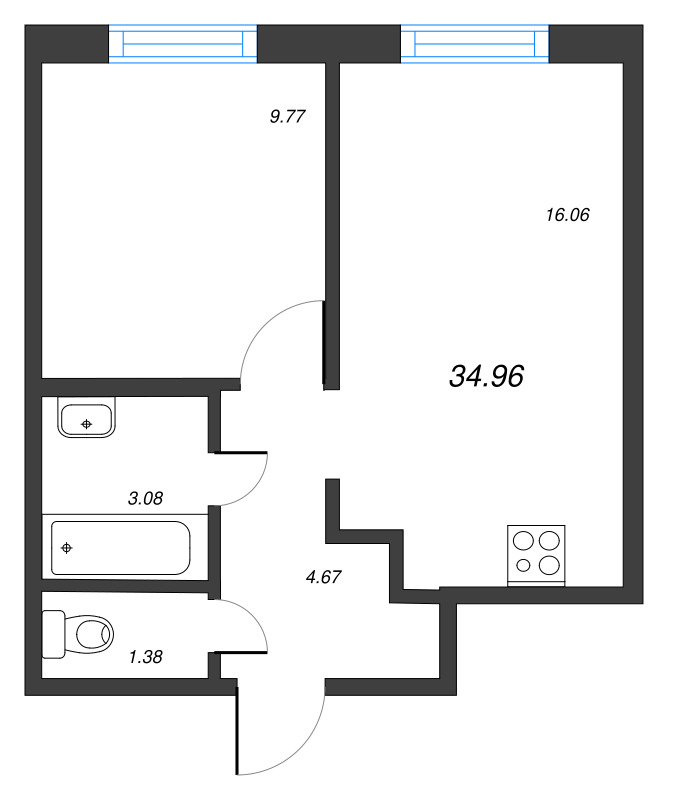 2-комнатная (Евро) квартира, 34.96 м² - планировка, фото №1