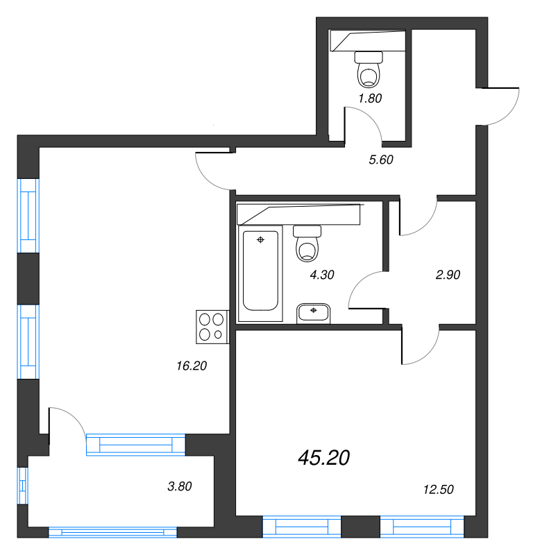 2-комнатная (Евро) квартира, 45.2 м² в ЖК "Тайм Сквер" - планировка, фото №1