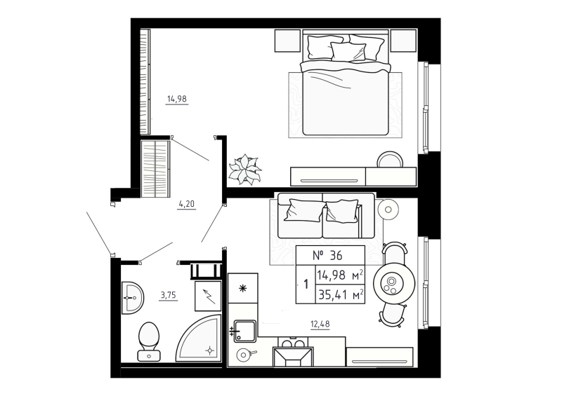 1-комнатная квартира, 35.41 м² в ЖК "Аннино Сити" - планировка, фото №1