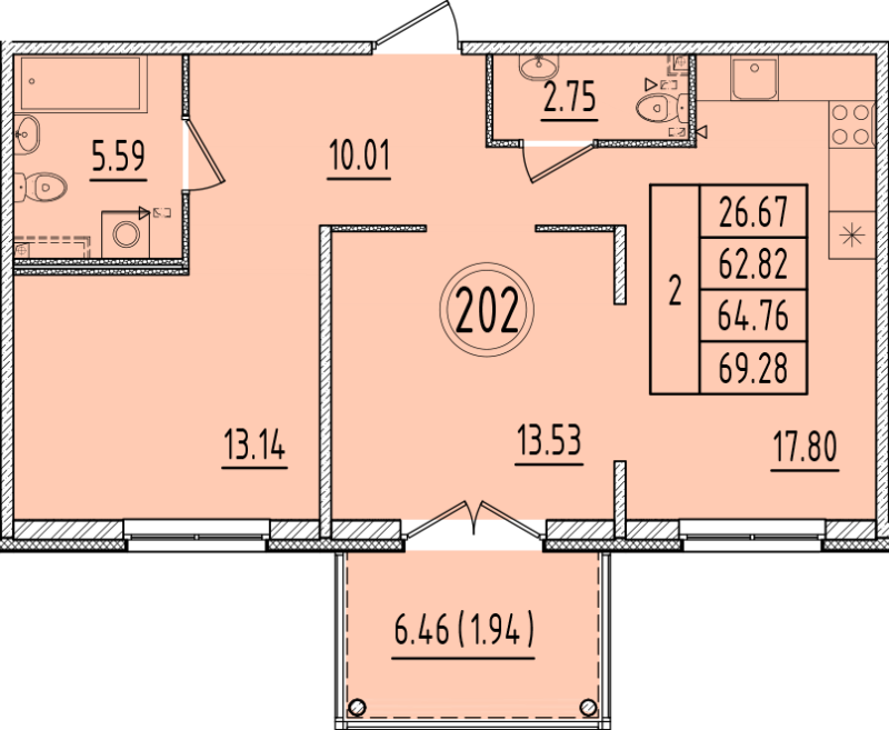 3-комнатная (Евро) квартира, 62.82 м² в ЖК "Образцовый квартал 6.4" - планировка, фото №1