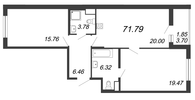 3-комнатная (Евро) квартира, 71.79 м² в ЖК "Чёрная речка от Ильича" - планировка, фото №1