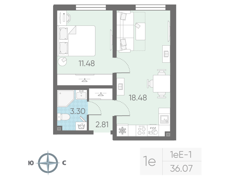 2-комнатная (Евро) квартира, 36.07 м² в ЖК "Морская миля" - планировка, фото №1