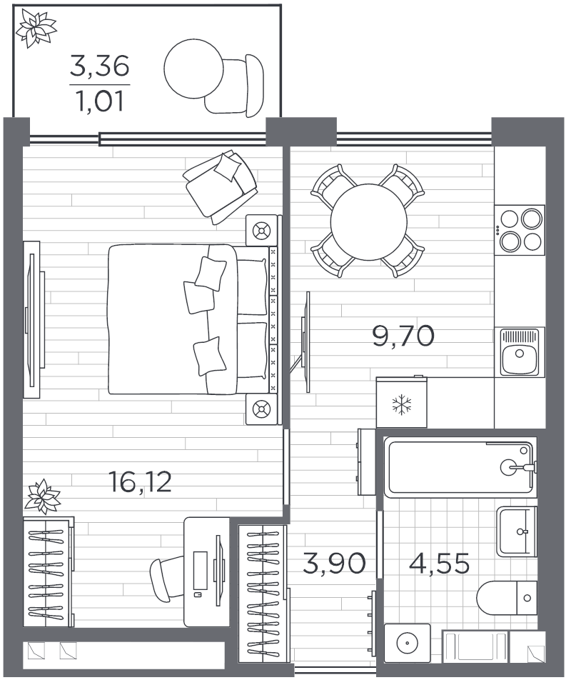 1-комнатная квартира, 35.28 м² в ЖК "PLUS Пулковский" - планировка, фото №1