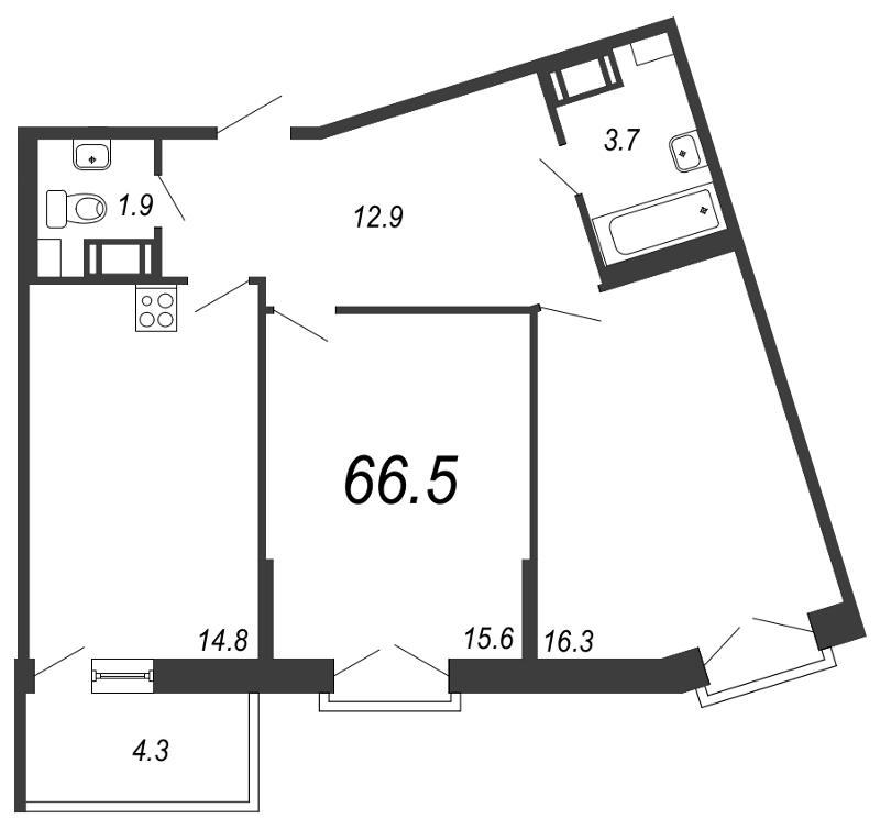 2-комнатная квартира, 67.5 м² - планировка, фото №1
