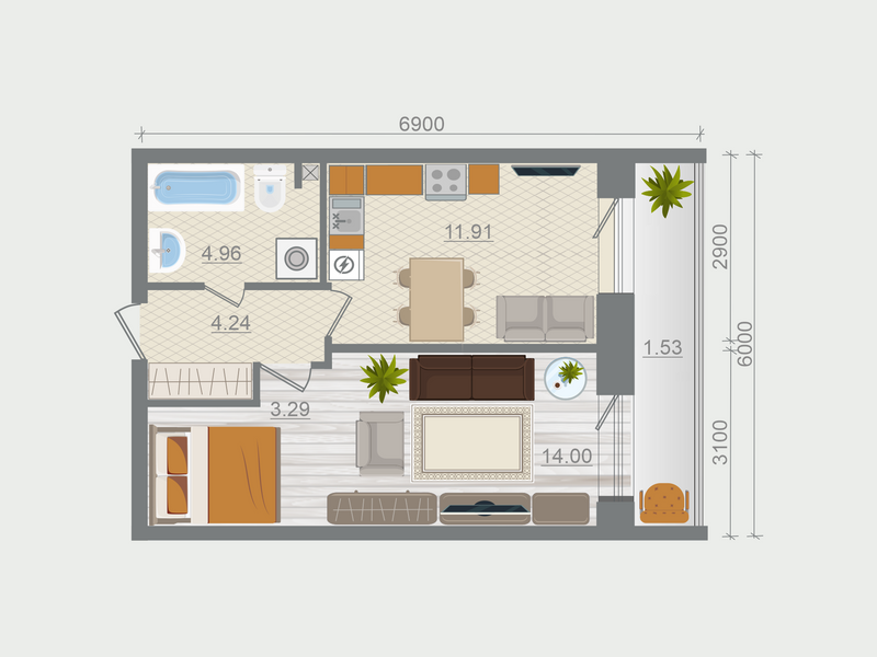 1-комнатная квартира, 39.93 м² в ЖК "Эко Квартал Гармония" - планировка, фото №1