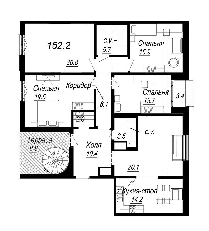 5-комнатная квартира, 150.29 м² - планировка, фото №1