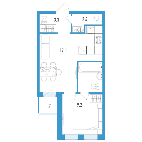 2-комнатная (Евро) квартира, 37 м² - планировка, фото №1