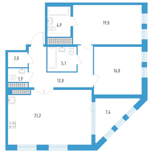 3-комнатная (Евро) квартира, 97.4 м² в ЖК "Дефанс Премиум" - планировка, фото №1