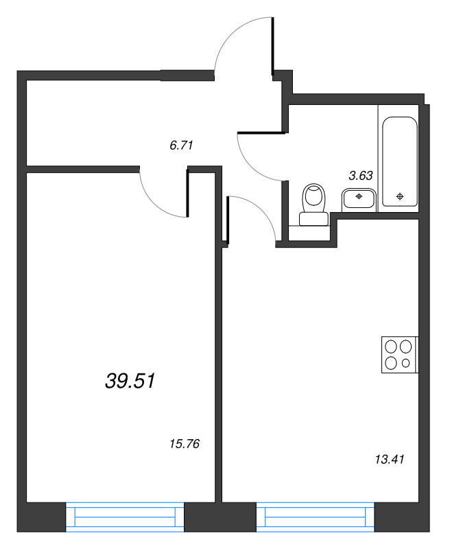 1-комнатная квартира, 39.8 м² - планировка, фото №1