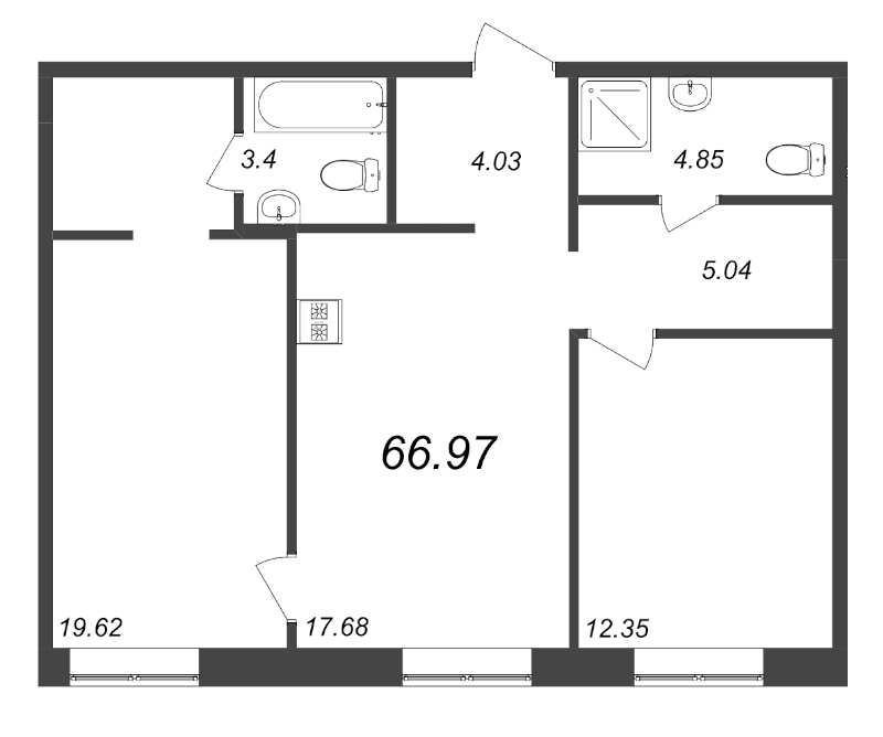 2-комнатная квартира, 66.97 м² - планировка, фото №1