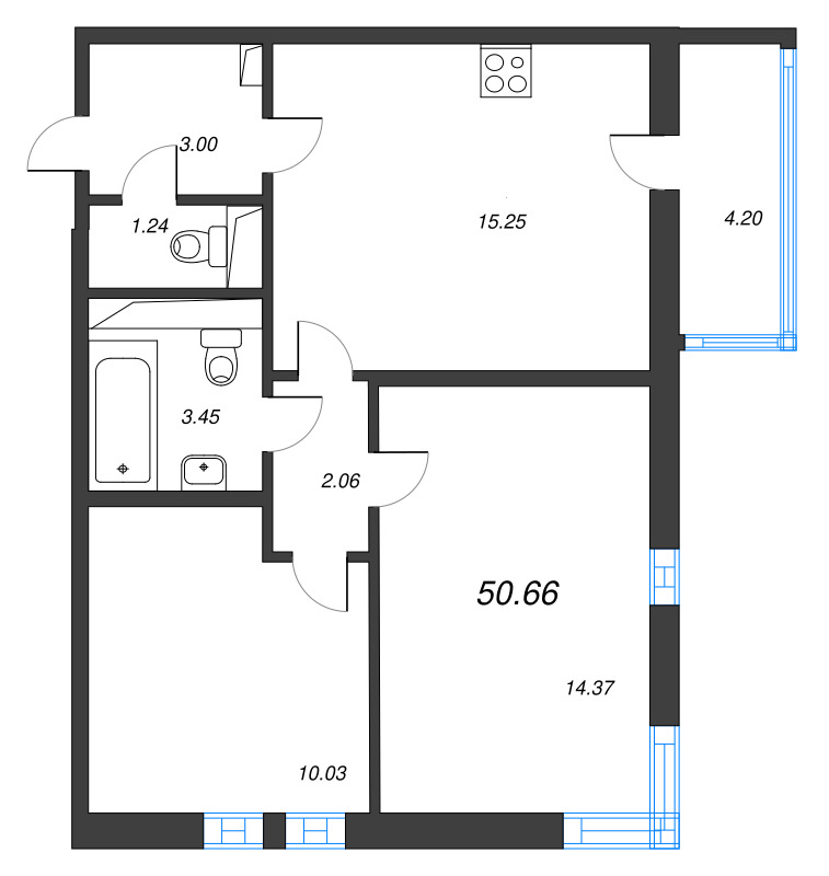 3-комнатная (Евро) квартира, 50.66 м² в ЖК "Аэросити" - планировка, фото №1