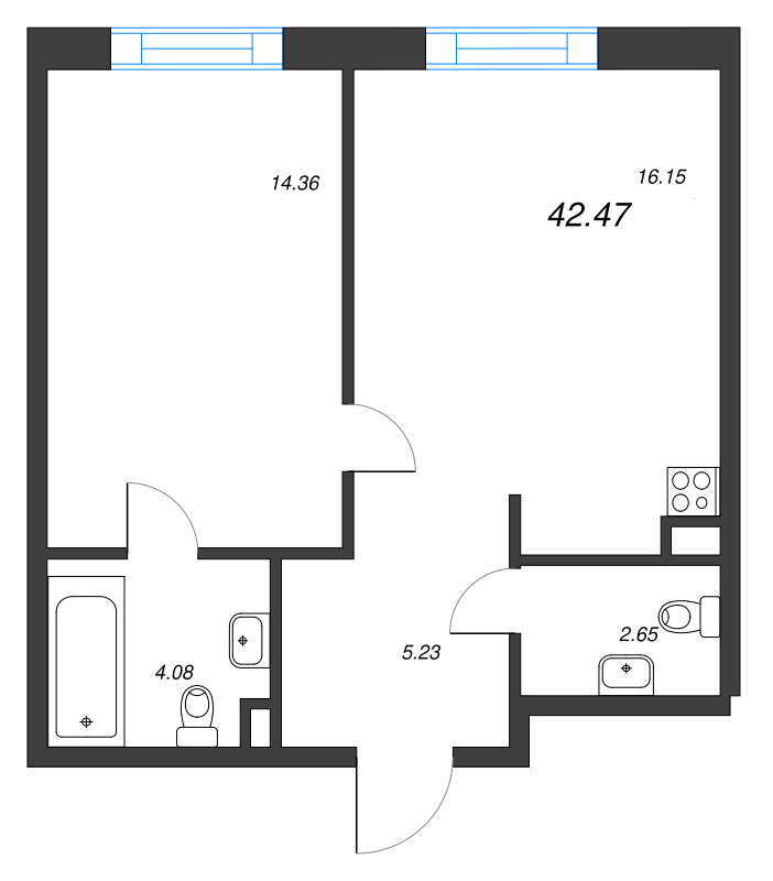 2-комнатная (Евро) квартира, 43.1 м² в ЖК "Зум на Неве" - планировка, фото №1