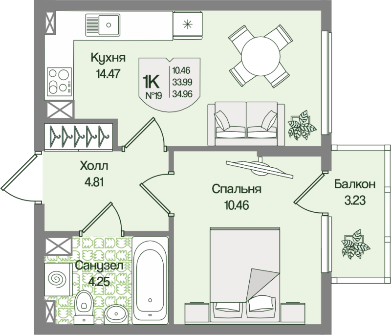 1-комнатная квартира, 34.96 м² в ЖК "Охтинские высоты" - планировка, фото №1
