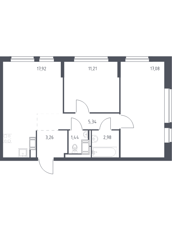 3-комнатная (Евро) квартира, 59.23 м² в ЖК "Новое Колпино" - планировка, фото №1