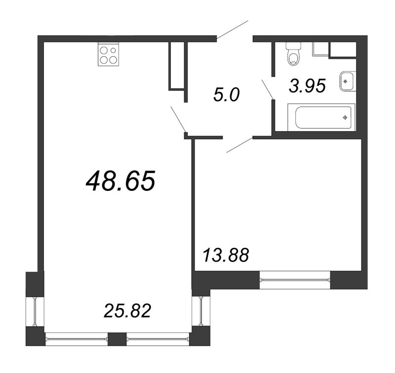 2-комнатная (Евро) квартира, 48.65 м² - планировка, фото №1