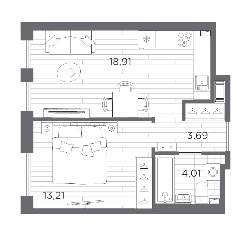 2-комнатная (Евро) квартира, 39.82 м² в ЖК "Сезоны" - планировка, фото №1