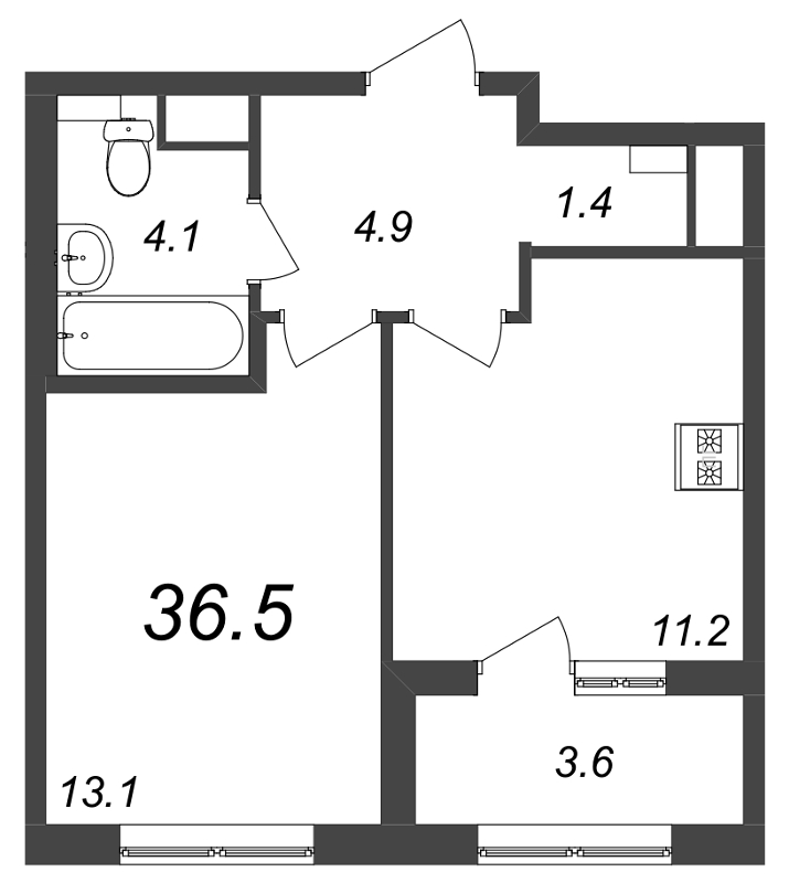 1-комнатная квартира, 36.5 м² - планировка, фото №1