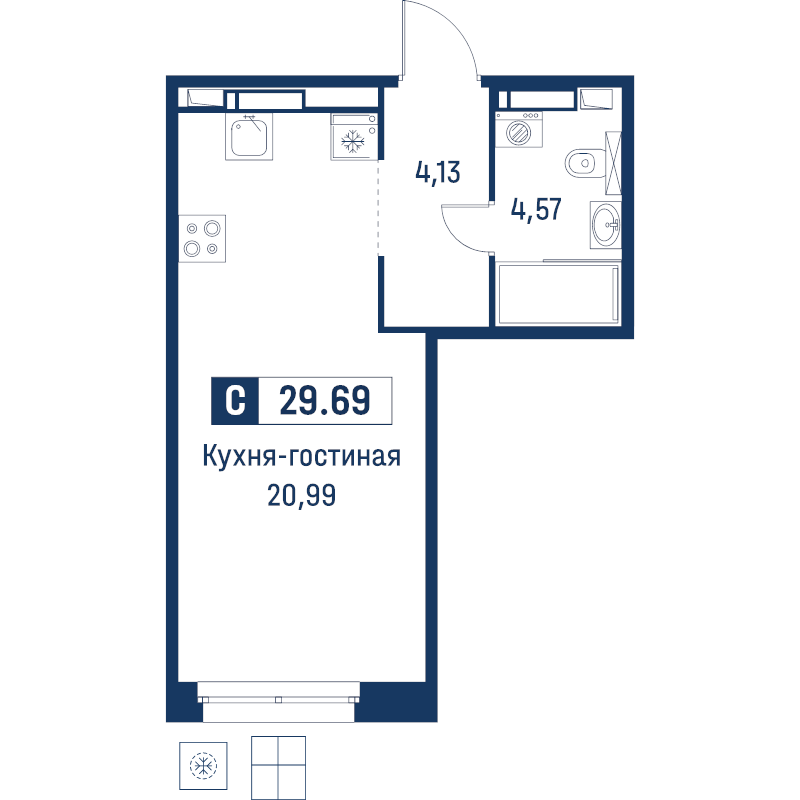 Квартира-студия, 29.69 м² в ЖК "Символист" - планировка, фото №1