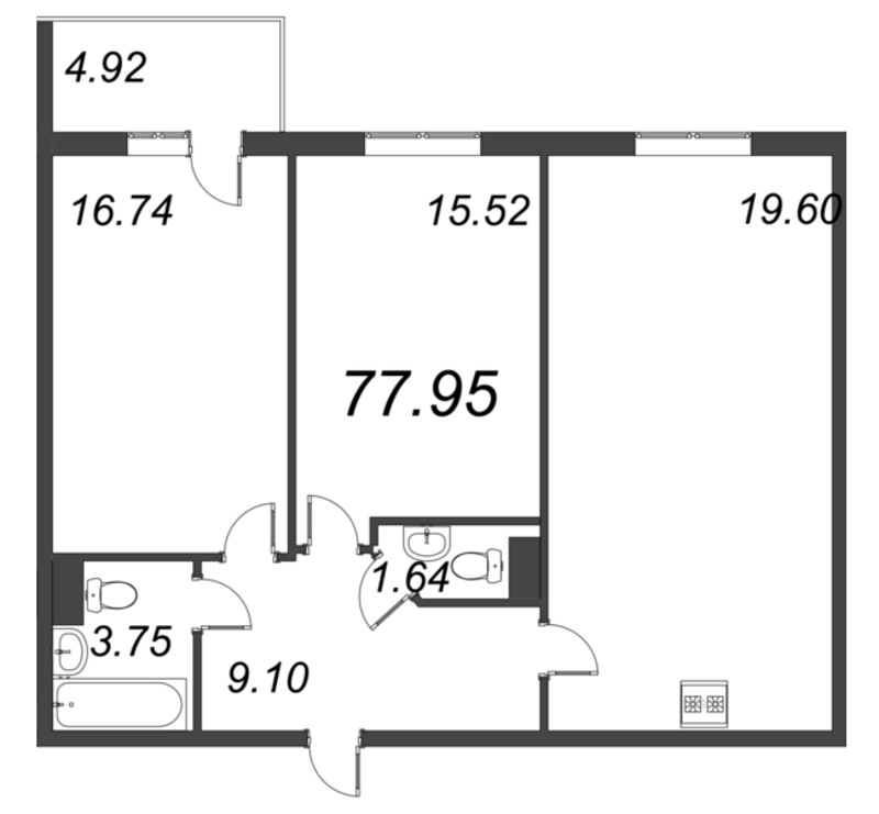 3-комнатная (Евро) квартира, 77.95 м² - планировка, фото №1