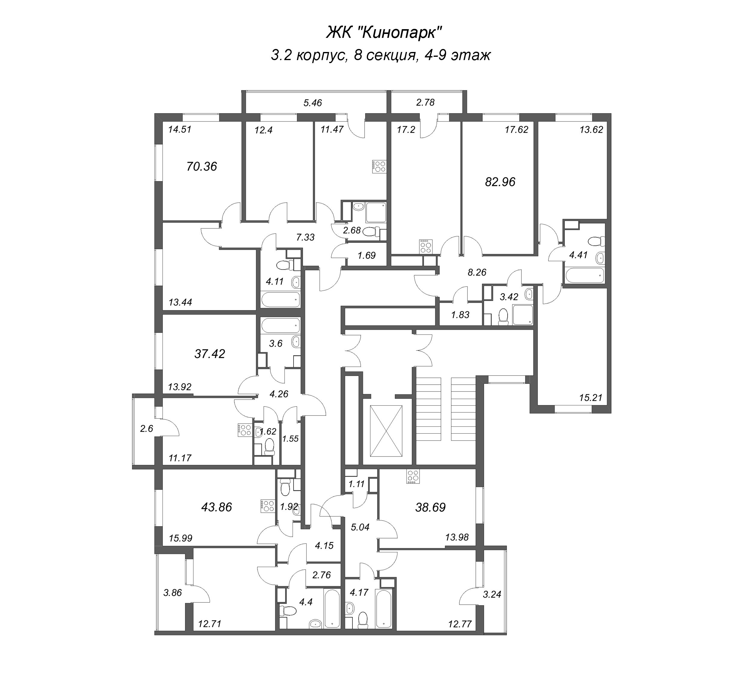3-комнатная квартира, 70.36 м² в ЖК "Кинопарк" - планировка этажа