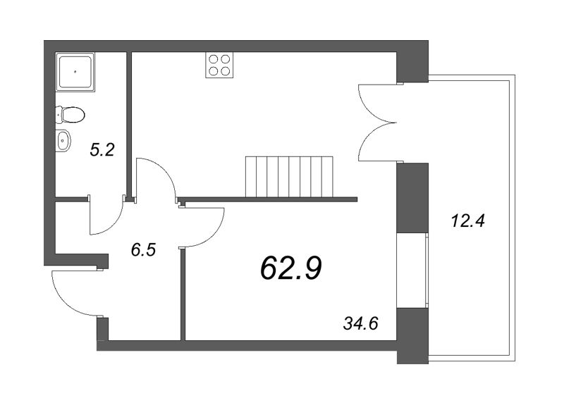 1-комнатная квартира, 62.5 м² - планировка, фото №1
