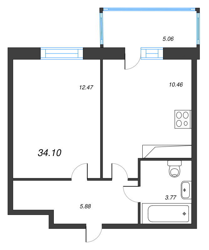1-комнатная квартира, 34.1 м² в ЖК "Аквилон Stories" - планировка, фото №1
