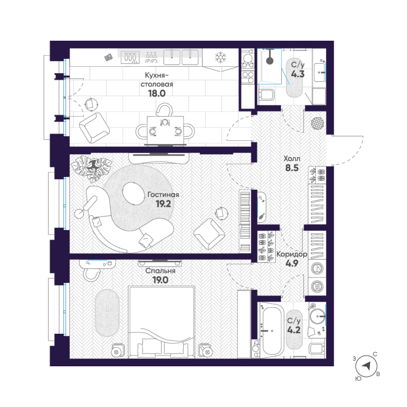 3-комнатная (Евро) квартира, 78.1 м² в ЖК "Mariinka Deluxe" - планировка, фото №1