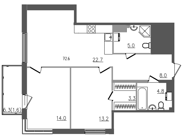 3-комнатная (Евро) квартира, 72.6 м² - планировка, фото №1