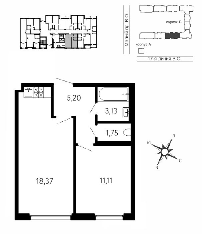 2-комнатная (Евро) квартира, 39.56 м² в ЖК "17-я линия" - планировка, фото №1