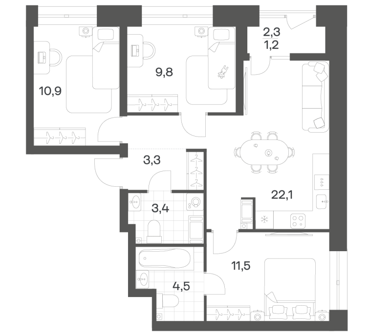 4-комнатная (Евро) квартира, 66.71 м² в ЖК "Новый Питер" - планировка, фото №1