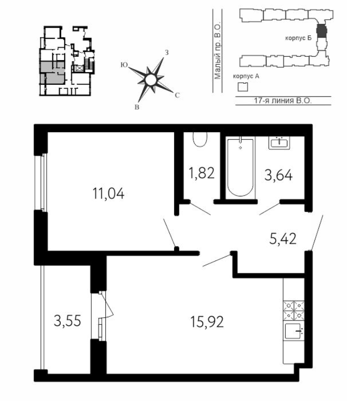 2-комнатная (Евро) квартира, 39.62 м² в ЖК "17-я линия" - планировка, фото №1