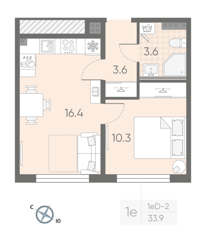 2-комнатная (Евро) квартира, 33.9 м² в ЖК "Пулково Lake" - планировка, фото №1