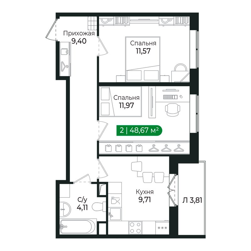 2-комнатная квартира, 46.8 м² в ЖК "Сертолово Парк" - планировка, фото №1