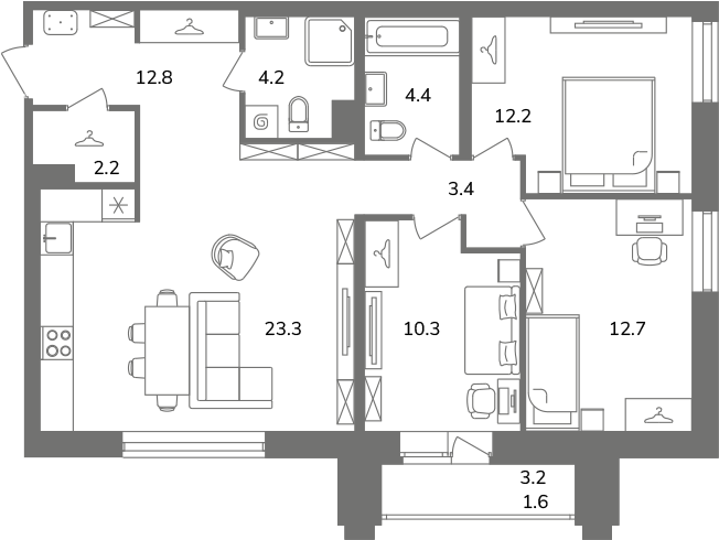 4-комнатная (Евро) квартира, 87.1 м² в ЖК "Антверпен" - планировка, фото №1