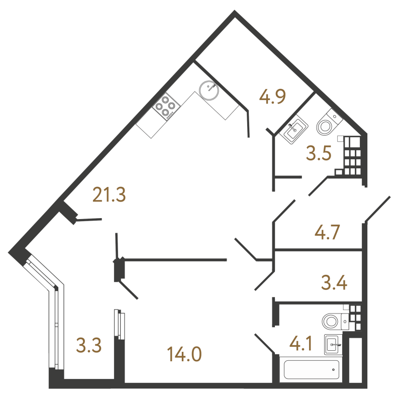 2-комнатная (Евро) квартира, 55.9 м² - планировка, фото №1