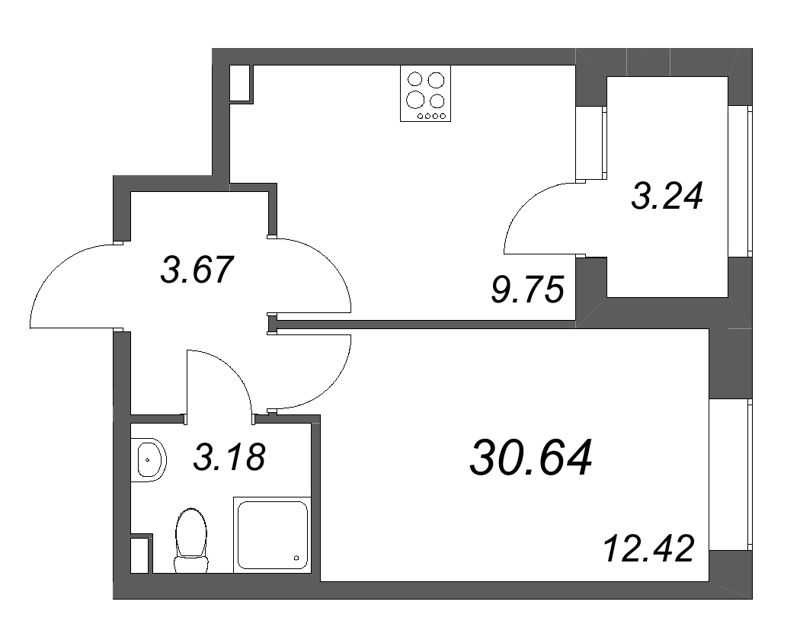 1-комнатная квартира, 30.64 м² в ЖК "Гранат" - планировка, фото №1
